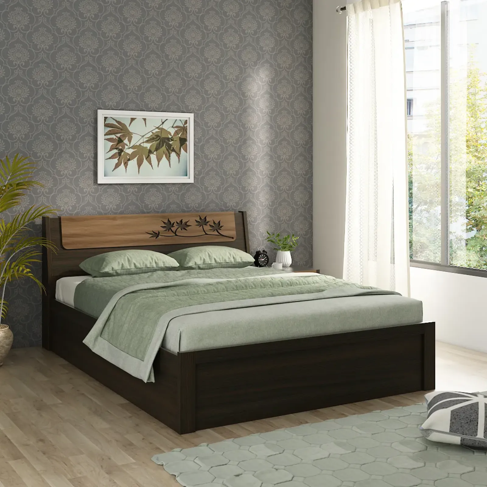 前開きM2枚1801 Maple V3 Queen Bed With 3/4th Lift On Storage - Fumed Oak